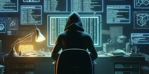 一个神秘的无性别人物坐在杂乱的桌子前，专注于发光的电脑屏幕，周围是黑帽SEO的元素。