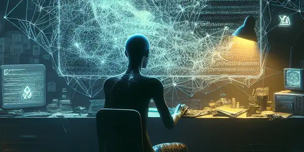 一位神秘的无性别角色坐在昏暗房间的杂乱桌子前，专注于发光的计算机屏幕。