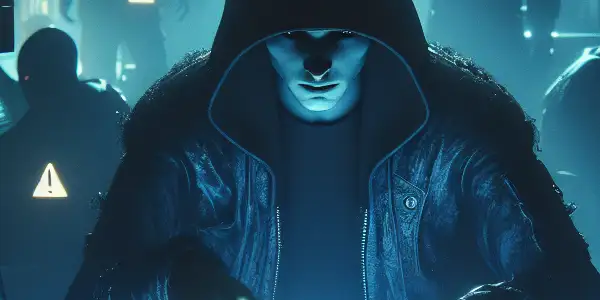 一个神秘的无性别角色坐在昏暗的房间里，专注于发光的电脑屏幕，周围杂乱无章。