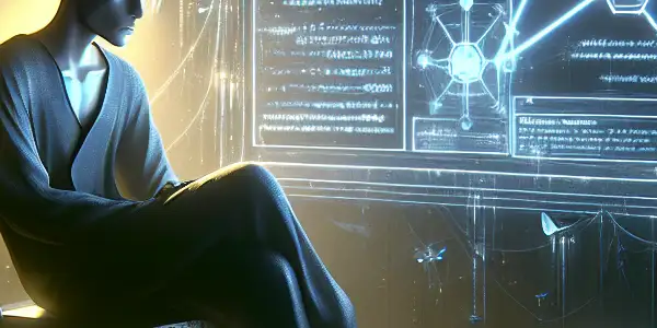 一个神秘的无性别人物坐在昏暗杂乱的房间，专注于发光的电脑屏幕。