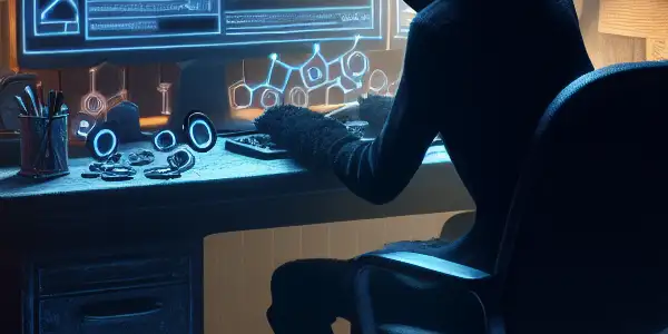 一位非二元性别者在昏暗的房间内专注于发光的电脑屏幕，桌上杂乱无章。