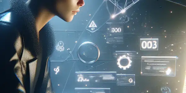 一个神秘的中性人物专注于发光的电脑屏幕，周围环境混乱且阴暗。