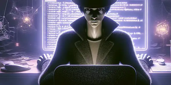 一个神秘的无性别角色专注于发光的电脑屏幕，周围是杂乱的桌面和黑帽SEO元素。