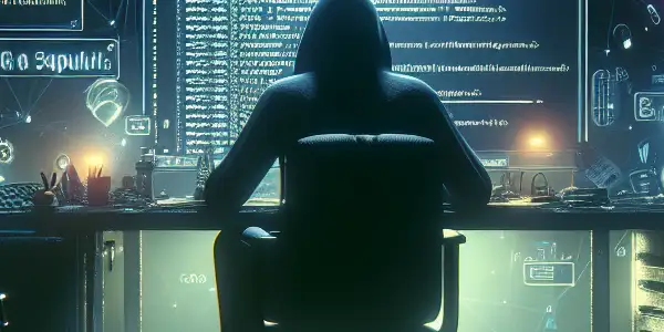 一位神秘人物坐在昏暗房间的杂乱桌前，专注于发光的电脑屏幕。