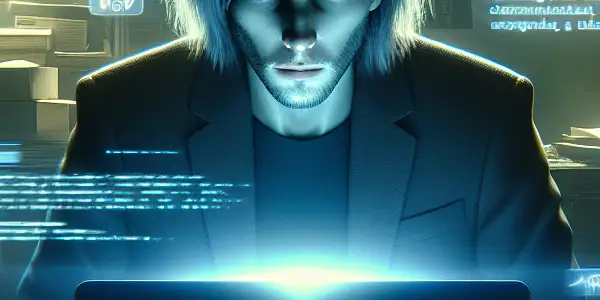 神秘人物在昏暗杂乱的房间内，专注于发光的电脑屏幕。