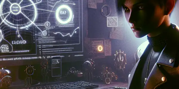 一个非二元角色坐在昏暗房间的杂乱桌子前，专注于发光的电脑屏幕。