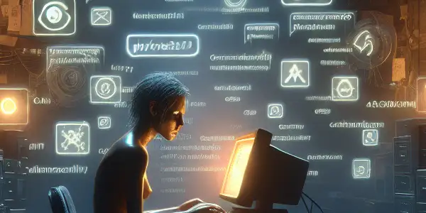 一个神秘的中性人物坐在发光的电脑前，周围是杂乱的旧电脑设备和文件。