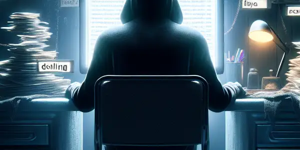 一个神秘的无性别人物坐在昏暗房间的杂乱桌子前，专注于发光的电脑屏幕。