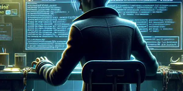 神秘的无性别角色坐在昏暗房间的杂乱书桌前，专注于发光的计算机屏幕。