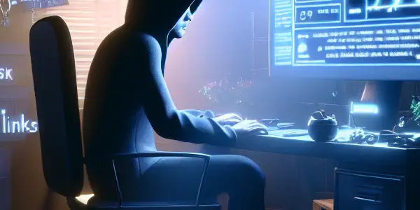 一个神秘的中性人物坐在昏暗混乱的房间里，专注于闪烁的电脑屏幕。