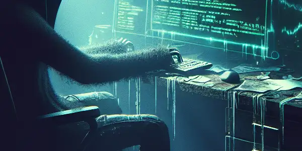 神秘角色坐在昏暗房间的杂乱桌子前，专注于发光的电脑屏幕。