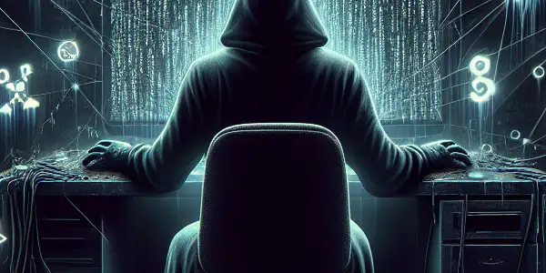 一个神秘的无性别角色坐在昏暗的房间中，专注于发光的电脑屏幕，周围漂浮着代表黑帽SEO的图标。