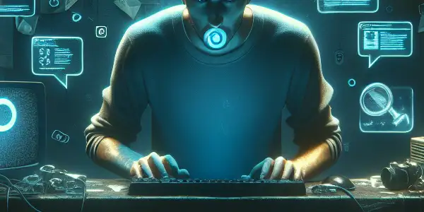 一个神秘的房间里，性别中立的身影专注于发光的电脑屏幕，周围浮现黑帽SEO图标。