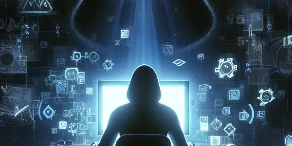 一个神秘昏暗的房间，性别模糊的人物专注于发光的电脑屏幕，桌上散落着与黑帽SEO相关的物品。