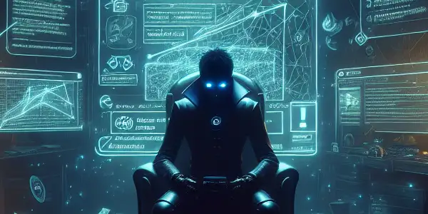 一个昏暗杂乱的房间，中心有一位穿黑衣的角色专注于发光的电脑屏幕，周围散落着与黑帽SEO相关的文件和警告标志。