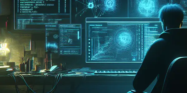 一个神秘的无性别角色坐在昏暗房间的杂乱书桌前，专注于发光的电脑屏幕。