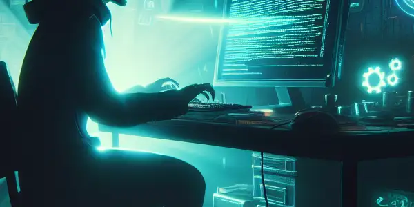 神秘的性别中立人物坐在昏暗房间的杂乱书桌前，专注于发光的电脑屏幕。