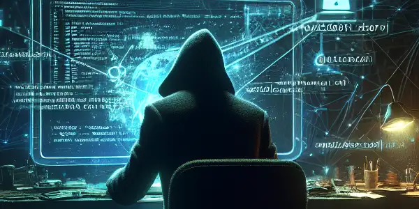 一个神秘的无性别人物坐在昏暗房间的杂乱桌前，专注于发光的电脑屏幕。