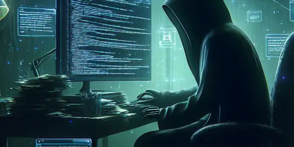 一个神秘的无性别人物坐在昏暗的桌子前，专注于发光的电脑屏幕，周围散落着与黑帽SEO相关的文件。