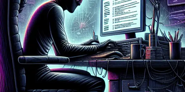 一个神秘的无性别人物坐在昏暗的桌子前，专注于发光的电脑屏幕，周围散落着与黑帽SEO相关的文件。