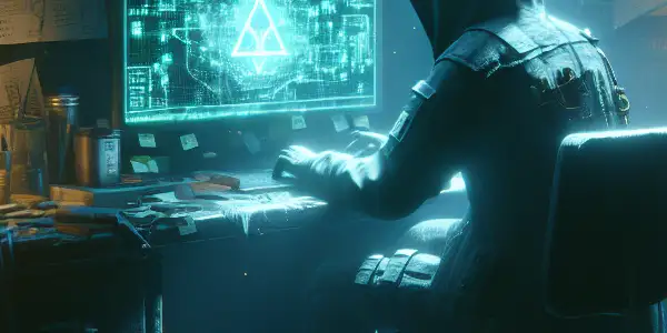 一个神秘的中性人物坐在昏暗房间的杂乱桌前，专注于发光的计算机屏幕。