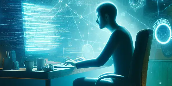 一个神秘的无性别角色坐在昏暗杂乱的房间，专注于发光的电脑屏幕。