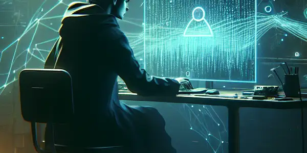 一个神秘的性别中立人物坐在昏暗的房间里，专注于发光的电脑屏幕，周围漂浮着黑帽SEO相关的符号和纸张。