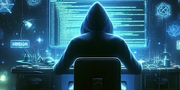 一个神秘人物坐在昏暗的桌子前，专注于发光的电脑屏幕，周围环境杂乱无章。