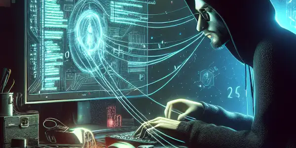 一个神秘的中性人物坐在昏暗房间的杂乱桌子前，专注于发光的电脑屏幕。