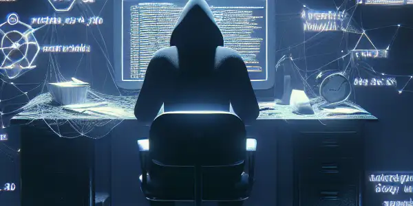 一个神秘的无性别人物坐在昏暗房间的杂乱桌子前，专注于发光的电脑屏幕。