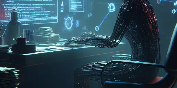 一个神秘的无性别人物坐在昏暗的房间里，专注于显示黑帽SEO技术的电脑屏幕。