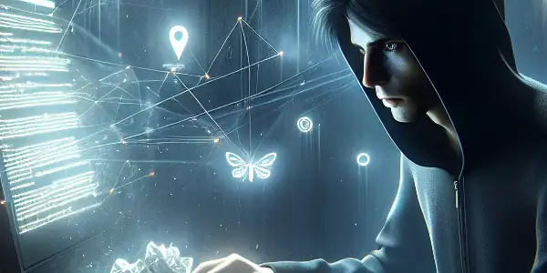 一个神秘的无性别人物坐在昏暗房间的杂乱桌前，专注于发光的电脑屏幕。