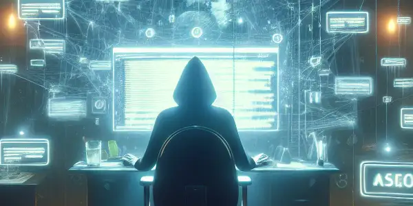 一位非二元性别者坐在昏暗房间的杂乱桌前，专注于发光的电脑屏幕。