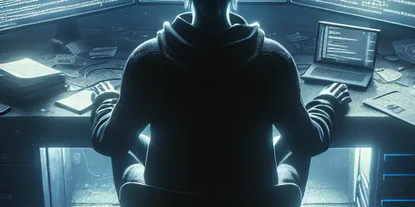 一个神秘的无性别人物坐在昏暗的桌子前，专注于发光的电脑屏幕。