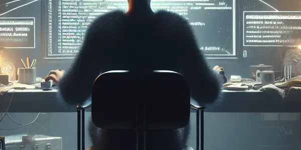 一个非二元性别者在昏暗的房间中专注于发光的电脑屏幕，周围散落着与黑帽SEO相关的文件和设备。