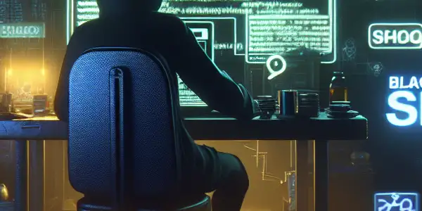 昏暗杂乱的房间，性别中立角色专注于发光的电脑屏幕，周围散落着警告标志和数字设备。