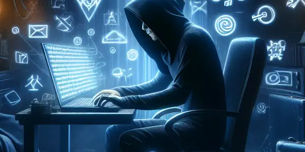 一个神秘的无性别人物坐在昏暗杂乱的房间，专注于发光的电脑屏幕。