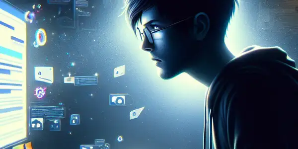 一位性别中立角色在昏暗房间中专注于发光的电脑屏幕，周围杂乱无章的文件和数字图标。