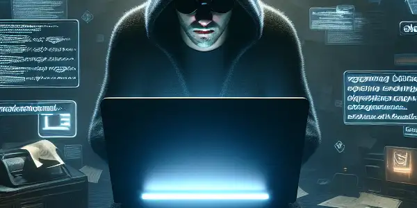 一个神秘的中性人物坐在昏暗混乱的房间里，专注于发光的电脑屏幕。