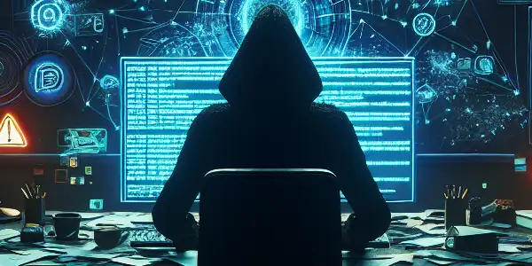 神秘的中性人物坐在昏暗房间的杂乱桌前，专注于发光的电脑屏幕。