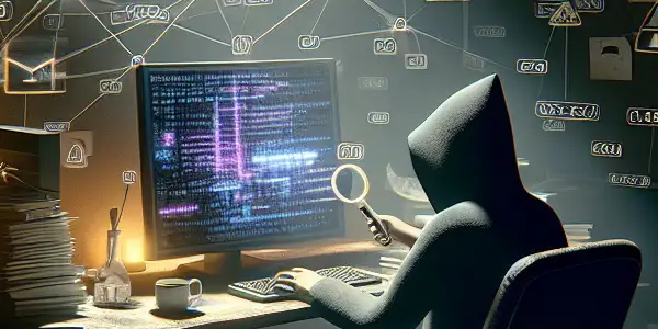 一个神秘的中性人物坐在昏暗房间的杂乱桌子前，专注于发光的电脑屏幕。