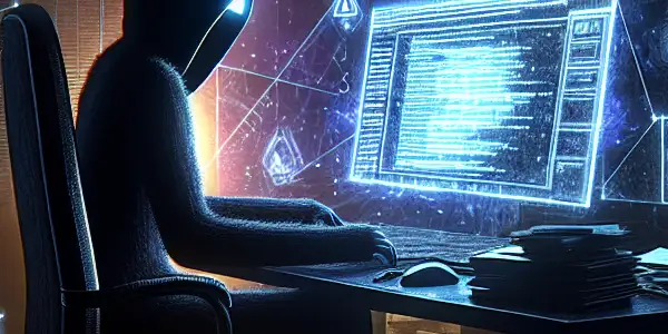 神秘的无性别人物坐在昏暗房间的杂乱桌子前，专注于发光的电脑屏幕。