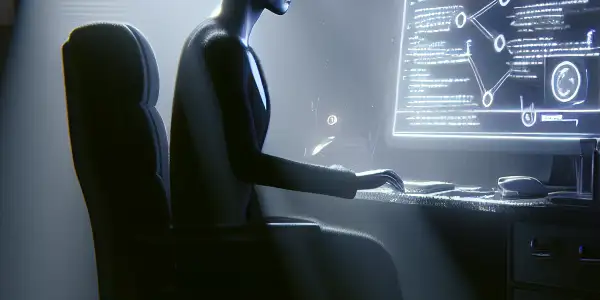 昏暗房间内，神秘无性别人物专注于显示复杂SEO算法的电脑屏幕。