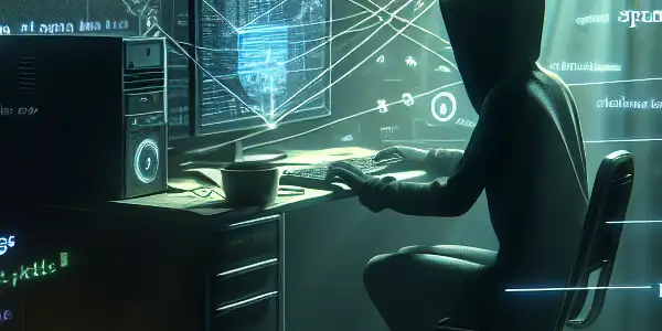 阴暗杂乱的房间里，性别中立的人物专注于发光的电脑屏幕，周围散布着与黑帽SEO相关的警告符号。