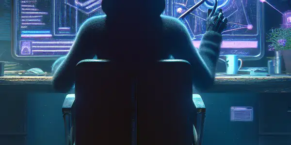 一个神秘的无性别角色坐在杂乱的桌子前，专注于发光的电脑屏幕，周围充满黑帽SEO元素。