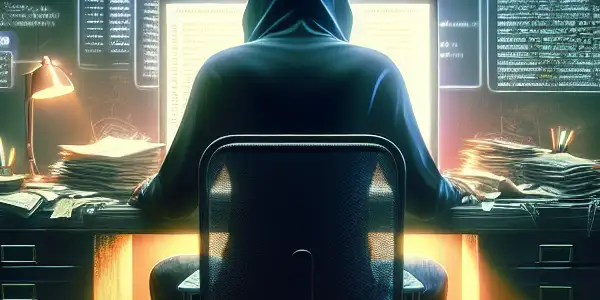 一个神秘的无性别人物坐在昏暗房间的杂乱书桌前，专注于发光的电脑屏幕。