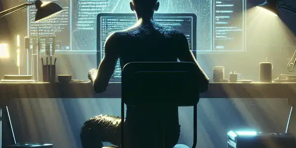 神秘的无性别人物坐在昏暗房间的杂乱桌子前，专注于发光的电脑屏幕。