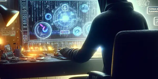 一个性别中立角色坐在昏暗的房间内，专注于发光的电脑屏幕，周围杂乱无章。