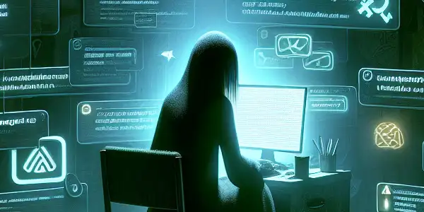 一个神秘的中性人物坐在昏暗杂乱的房间里，专注于发光的电脑屏幕。