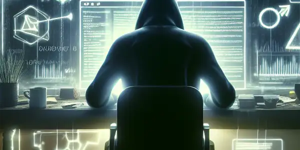 一位性别中立的人物坐在昏暗房间的杂乱桌子前，专注于发光的电脑屏幕。